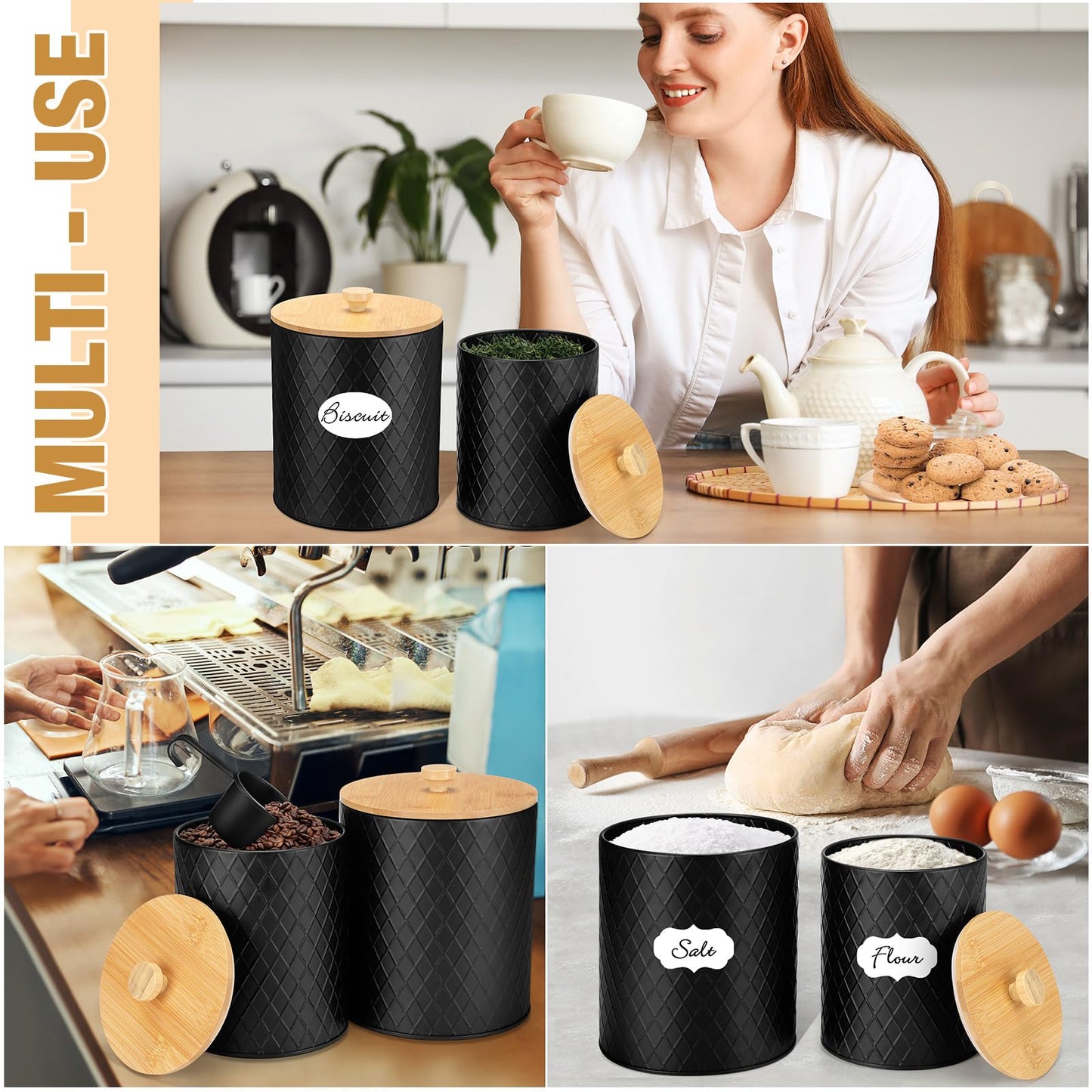 Reallnaive 2 Pcs Black Coffee Canister Set for Kitchen Countertop Bar Flour Sugar Tea Storage Container Farmhouse Metal Spice Jar with Airtight Bamboo Lid Spoon & Labels Housewarming Gift (2 Sizes)