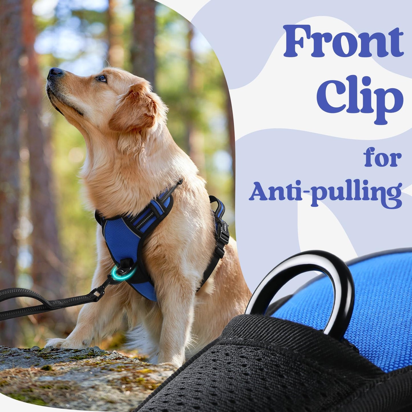 rabbitgoo Dog Harness Medium with Neck Release Buckle, Adjustable No Pull Harness with Front Back Clips, Soft Padded with Easy Control Handle, Reflective Pet Walking Vest, Blue, M