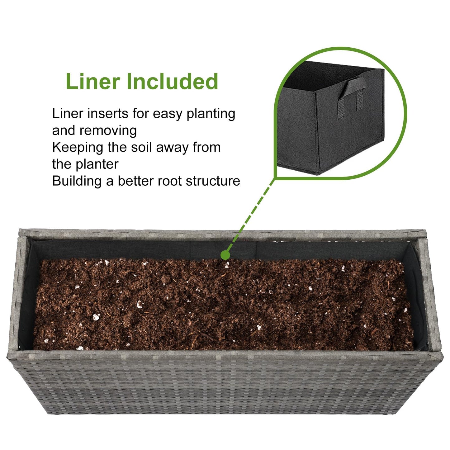 LEWIS&WAYNE Large Rectangular Block Planter Box Handmade Wicker Tall Planters for Outdoor Plants with Removable Liners Modern Planter for Indoor Outdoor Patio Deck - Gray, 30''x12''x16''