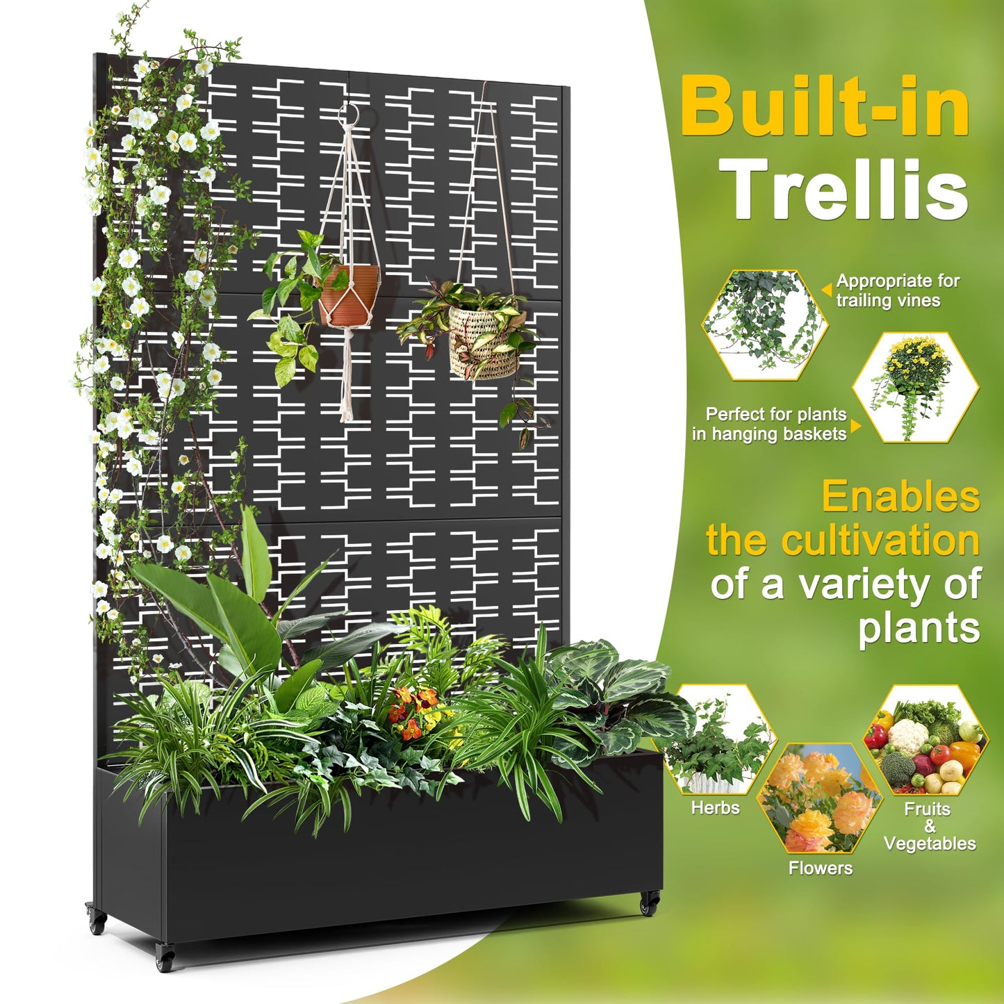 FENCY Metal Raised Garden Bed with Wheels and Trellis,73"x47"x16" Planter Box for Climbing Plants, Vegetables & Vines, Features Privacy Screen and Drainage Holes (Black-Brick)