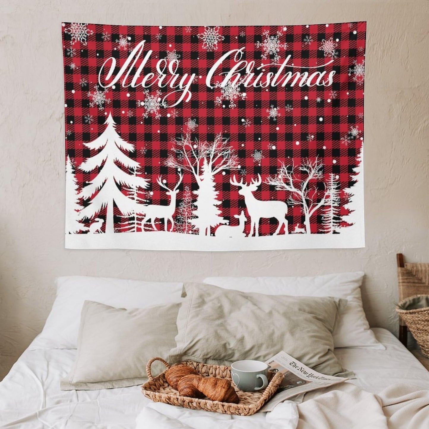 DDCBNS Christmas Reindeer Buffalo Plaid Hanging, Soft Xmas Tree Wall Art Home Decor for Bedroom, Living Room or Dorm 40" x 30"
