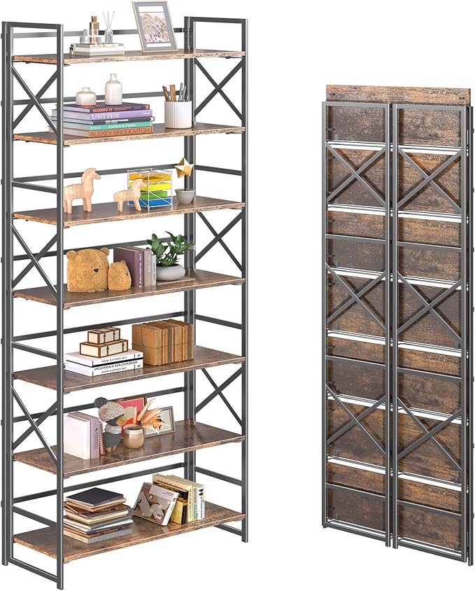 4NM 7 Tiers No Assembly Book Shelves, 72.4" H Folding Bookshelf Bookcase Open