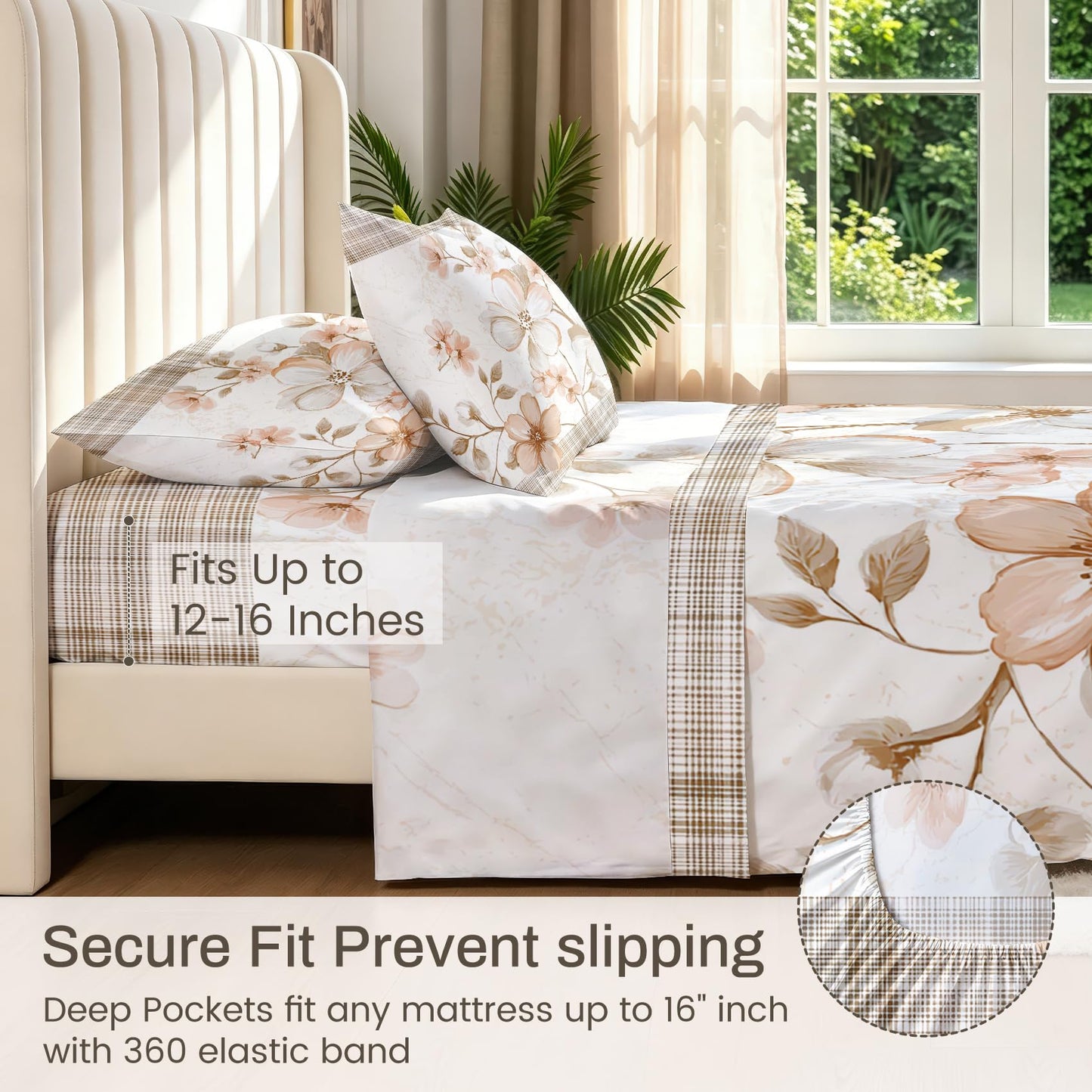 Plaid and Floral Queen Sheet Set Farmhouse Flat Fitted Sheet Sets