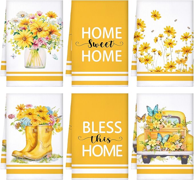 Boyiee Set of 6 Yellow Flower Kitchen Towels Decorative Floral Tea Towels