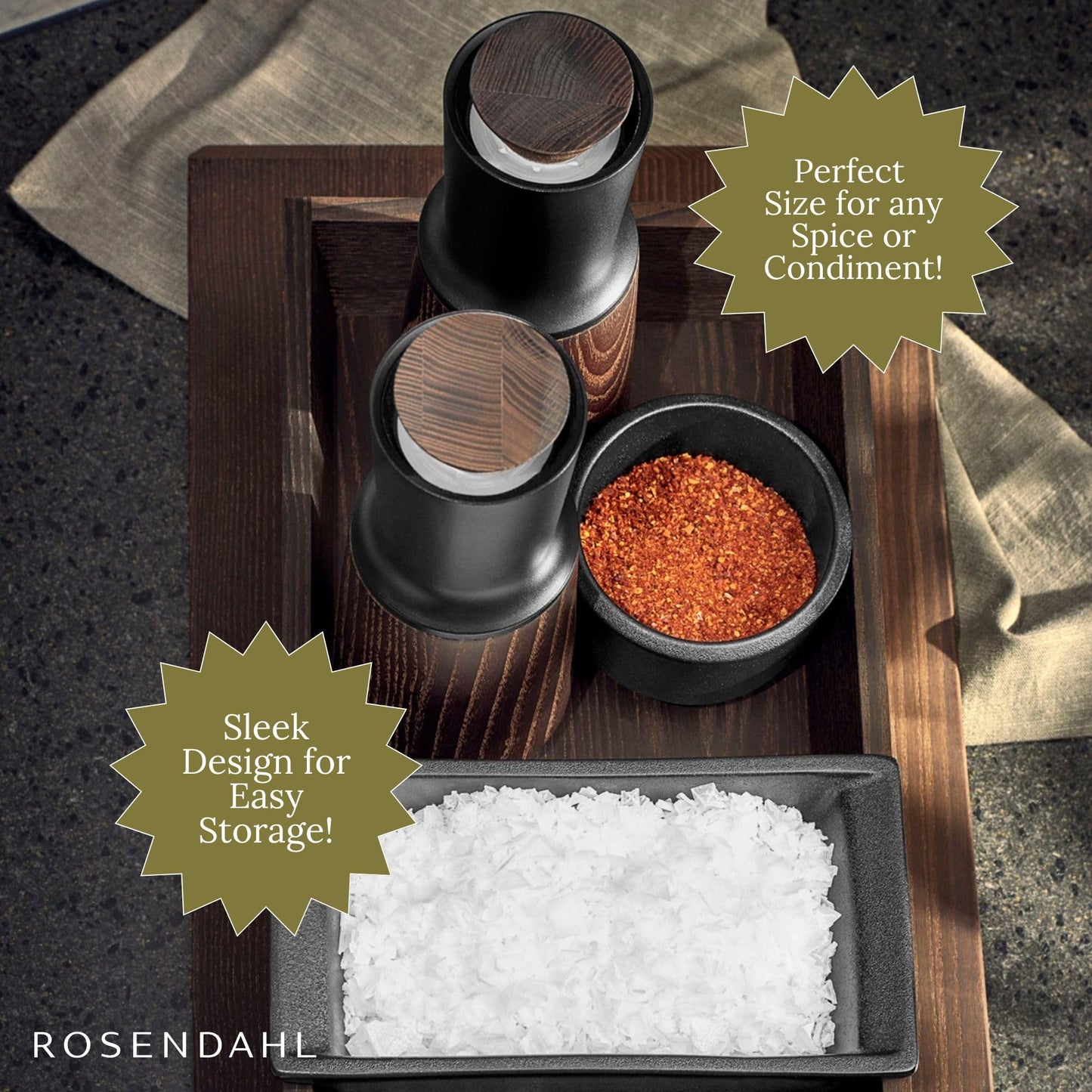Rosendahl RÅ Salt Cellar with Ash Wood Lid - Black Ceramic, Rustic Stoneware with Cast Iron Look, Japandi Inspired Design, Stylish Addition to Your Table Setting