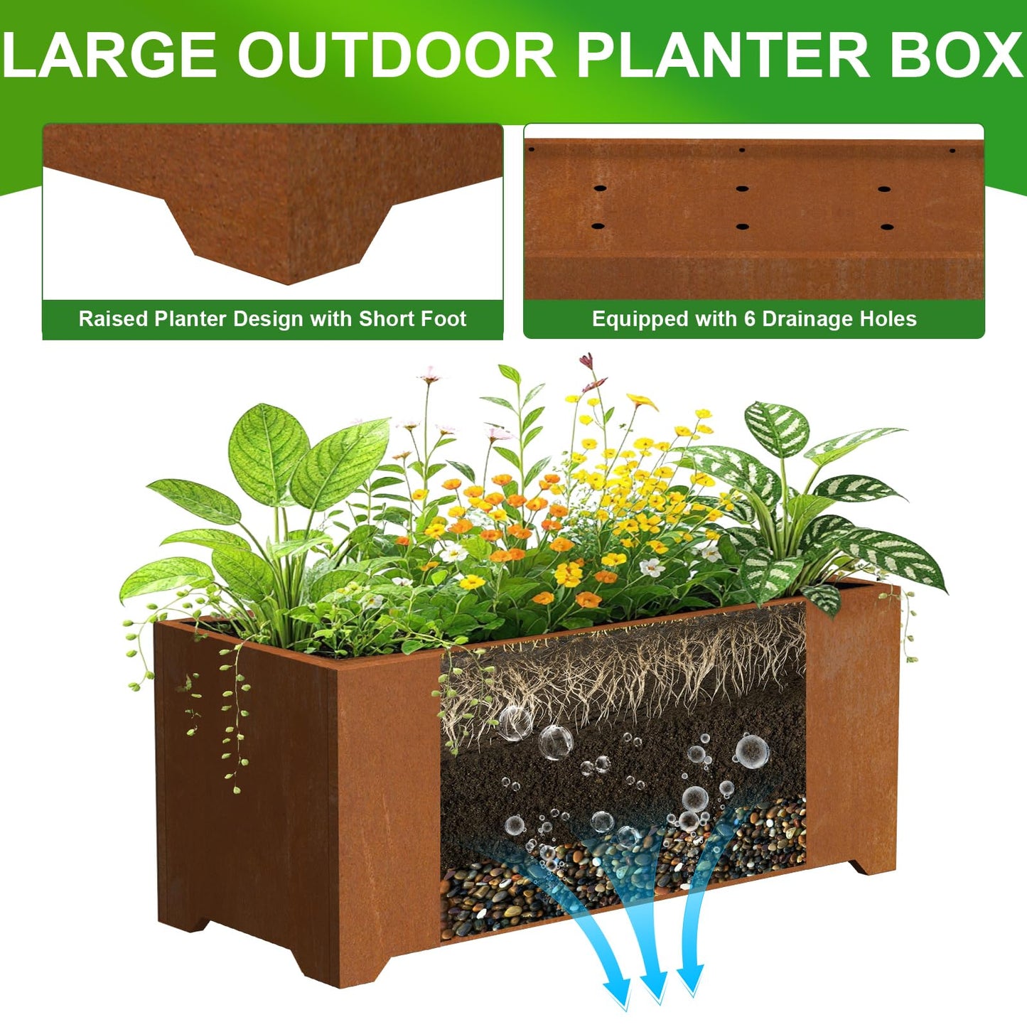 Metal Planter Box, Large Outdoor Rectangle Planters with 6 Drainage Holes & Raised Bottom, Co rten Steel Planter for Patio, Garden, Porch, 36" L x 15" W x 15" H