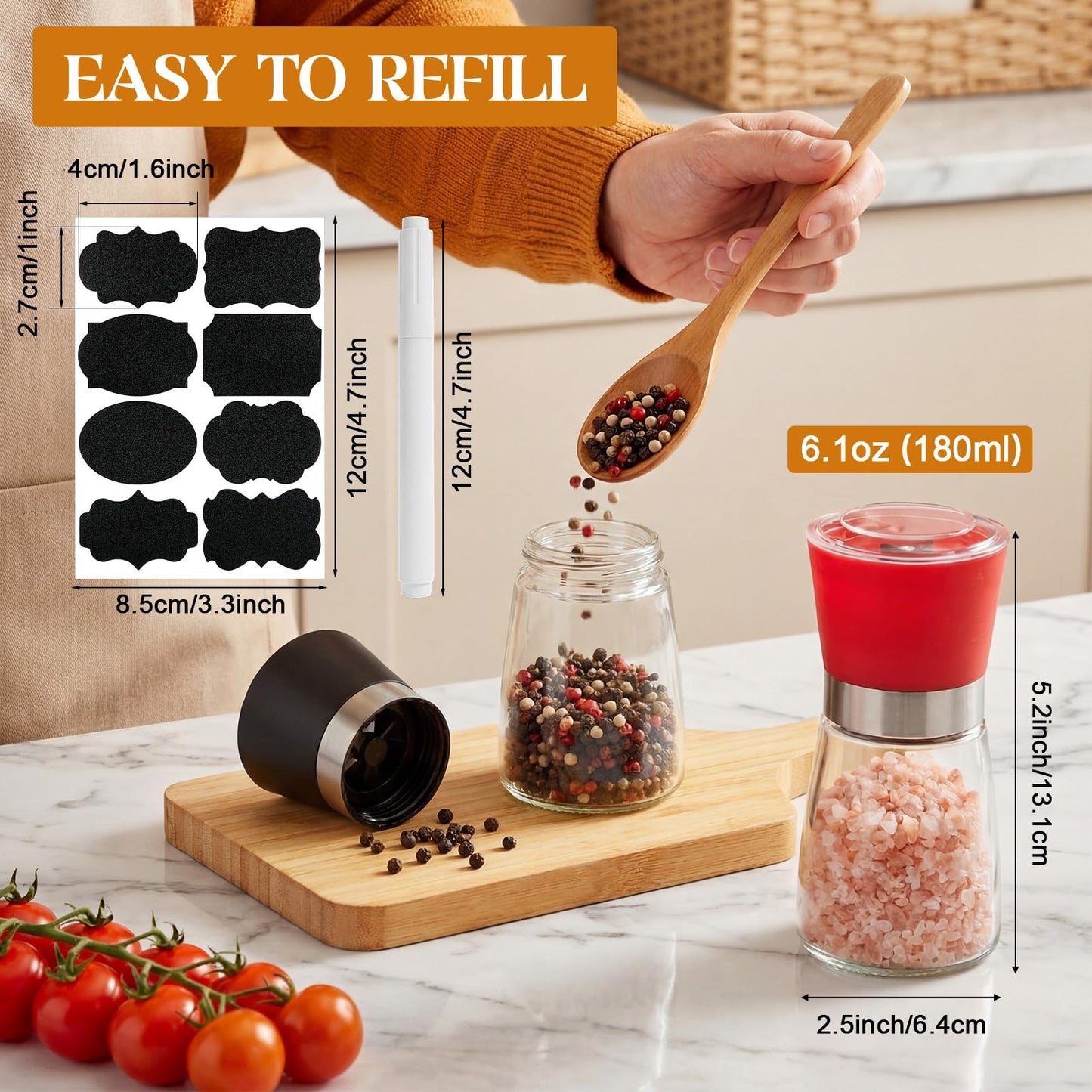 Mifoci 3 Pcs Manual Salt and Pepper Grinder Set, Refillable Salt and Pepper Shakers, Adjustable Coarseness Bpa-free Glass Container with 8 Sticker 1 Markers, Short Black White Red