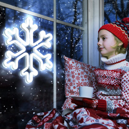 Enhon Christmas Neon Snowflake Light, 12 Inch Giant Snowflake Lights, Battery and USB Powered Christmas Curtain Neon Sign with Timer for Xmas Party Decoration(Cool White,2 Pack)