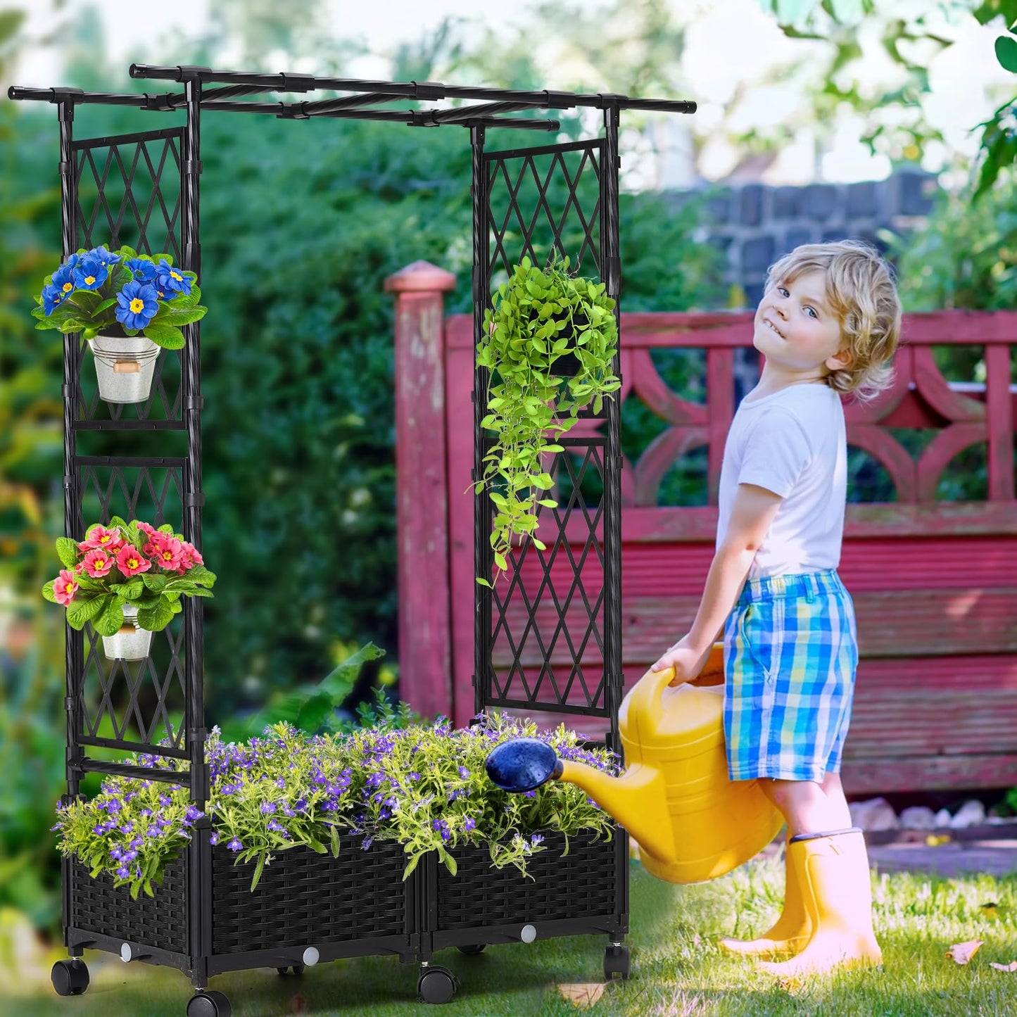 FOLLOOK Planter Box with Trellis Outdoor, 53.1in Plastic Raised Garden Bed with Trellis Hanging Roof for Vine Flower, with Lockable Wheels & Drain Plug for Patio Backyard Balcony, Black, 1 Pc