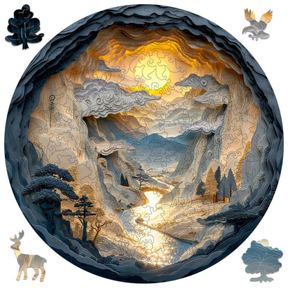 Qiuenisray 3D Vision Effect Sunset Wooden Puzzle 500 Piece, Mountains Rivers Bright Jigsaw Puzzle, FSC Certified Wood Puzzle, Beautiful Wall Decor, Creative Gift Family Game 16.5x16.5 in