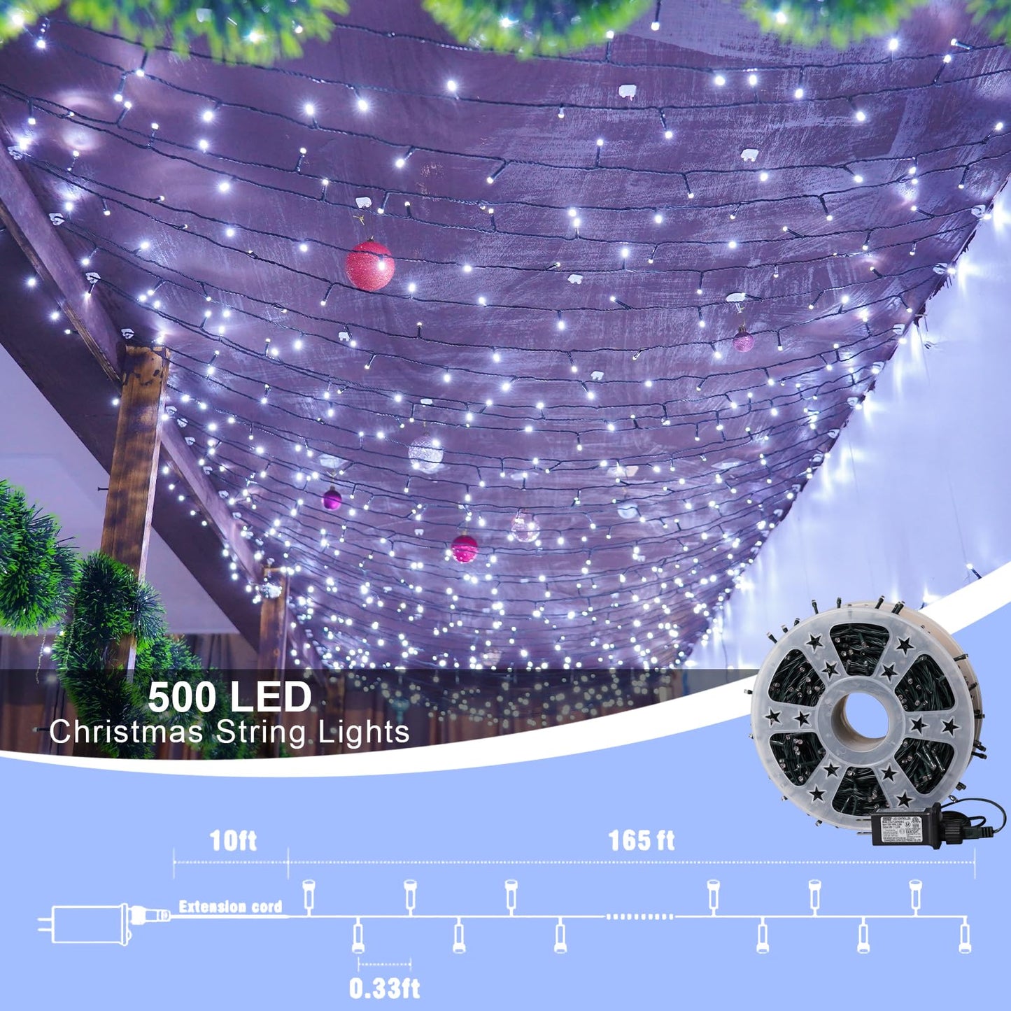 QITONG 500LED White String Lights, 165ft Christmas Lights Outdoor Waterproof with Plug in, Green Wire Twinkle Tree Lights Indoor with 8 Modes