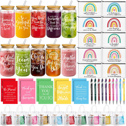 Purpeak 10 Sets 50 Pcs Employee Appreciation Gifts Bulk 16 oz Thank You Glass Cup Inspirational Cosmetic Bag Notepads Pens PVC Bag for Administrative Professionals Day Ot Month Coworker Teacher Nurse