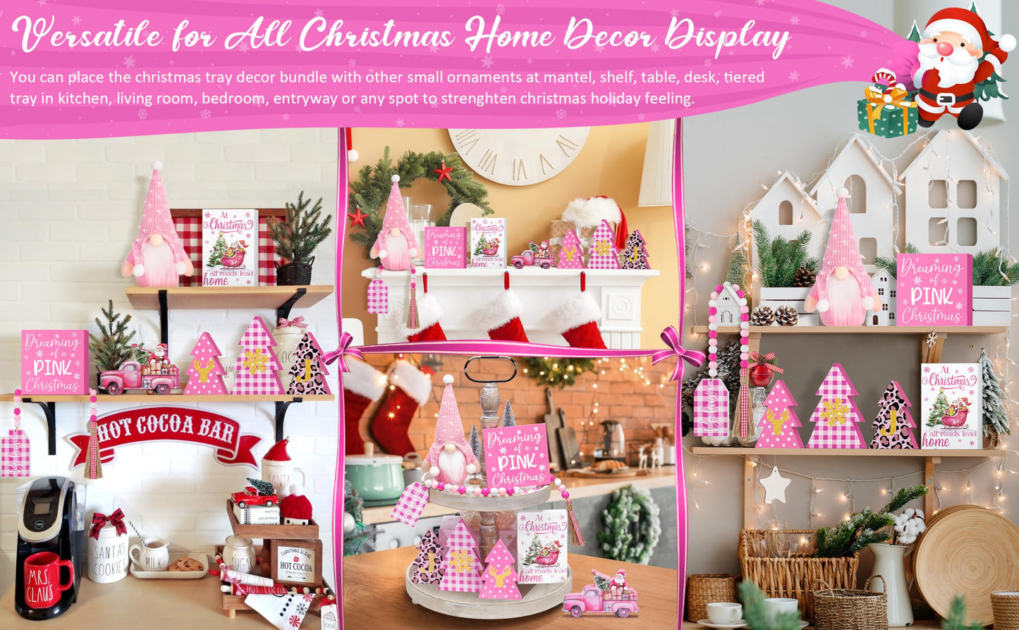 Asoulin Pink Christmas Tiered Tray Decor 8 PCS Xmas Decorations Indoor - Believe Christmas Wooden Signs & Pink Xmas Gnome Plush Set - Table Decor Tier for Home Kitchen Mantel