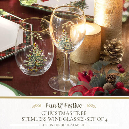 Spode Christmas Tree 19oz Stemless Wine Glasses, Set of 4 - Vintage-Inspired Holiday Drinkware with Cozy Seasonal Charm, Ideal for Mulled Wine at Festive Gatherings & Holiday Entertaining