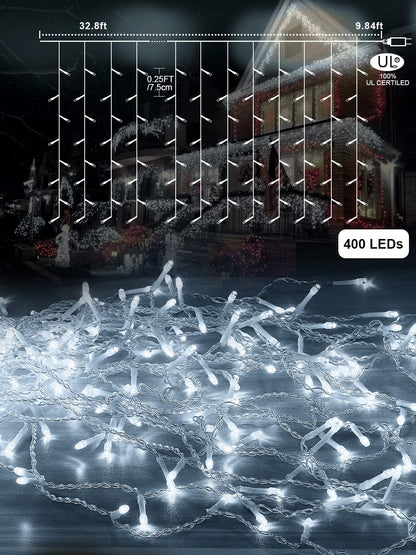 ROSCOO 32.8FT Icicle Lights, Christmas Outdoor with 400LED 75 Drops, IP65 Waterproof Eaves Lights, 8 Modes, for Christmas Eaves Garden Room Decoration Cool White