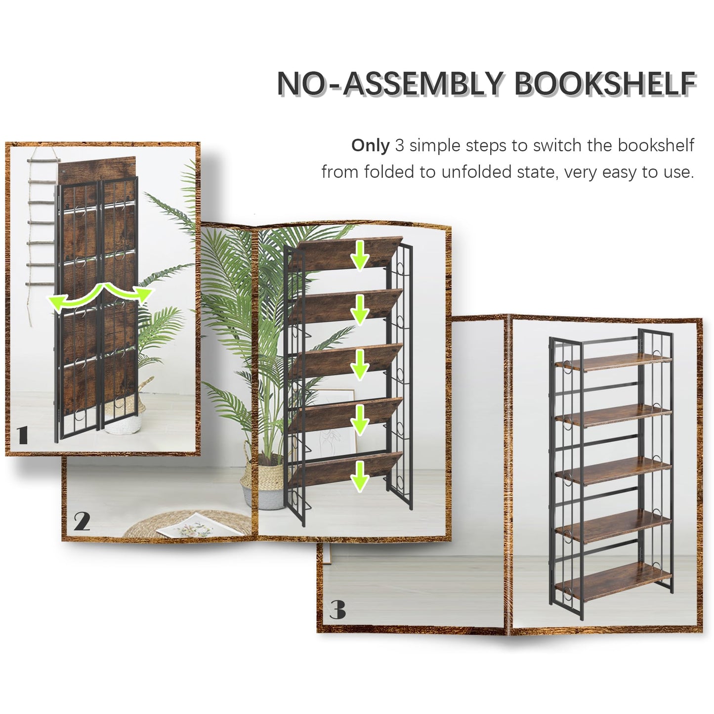 4NM No Assembly 5 Tiers Folding Bookshelf, 59.4" H Foldable Storage Shelves Vintage Bookcase Standing Racks Study Organizer Home Office - Rustic Brown Black