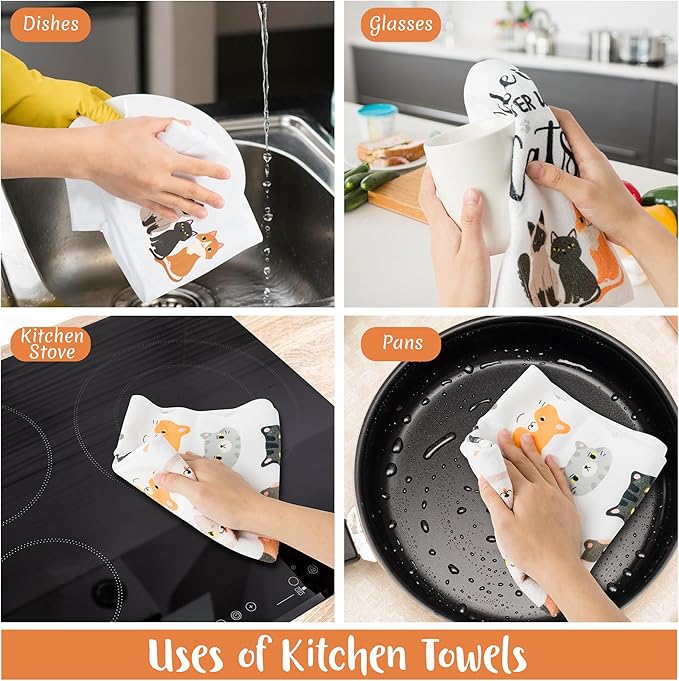 R HORSE 5Pcs Funny Kitchen Dish Towels, Cute Cat Dishcloths Gift, Absorbent