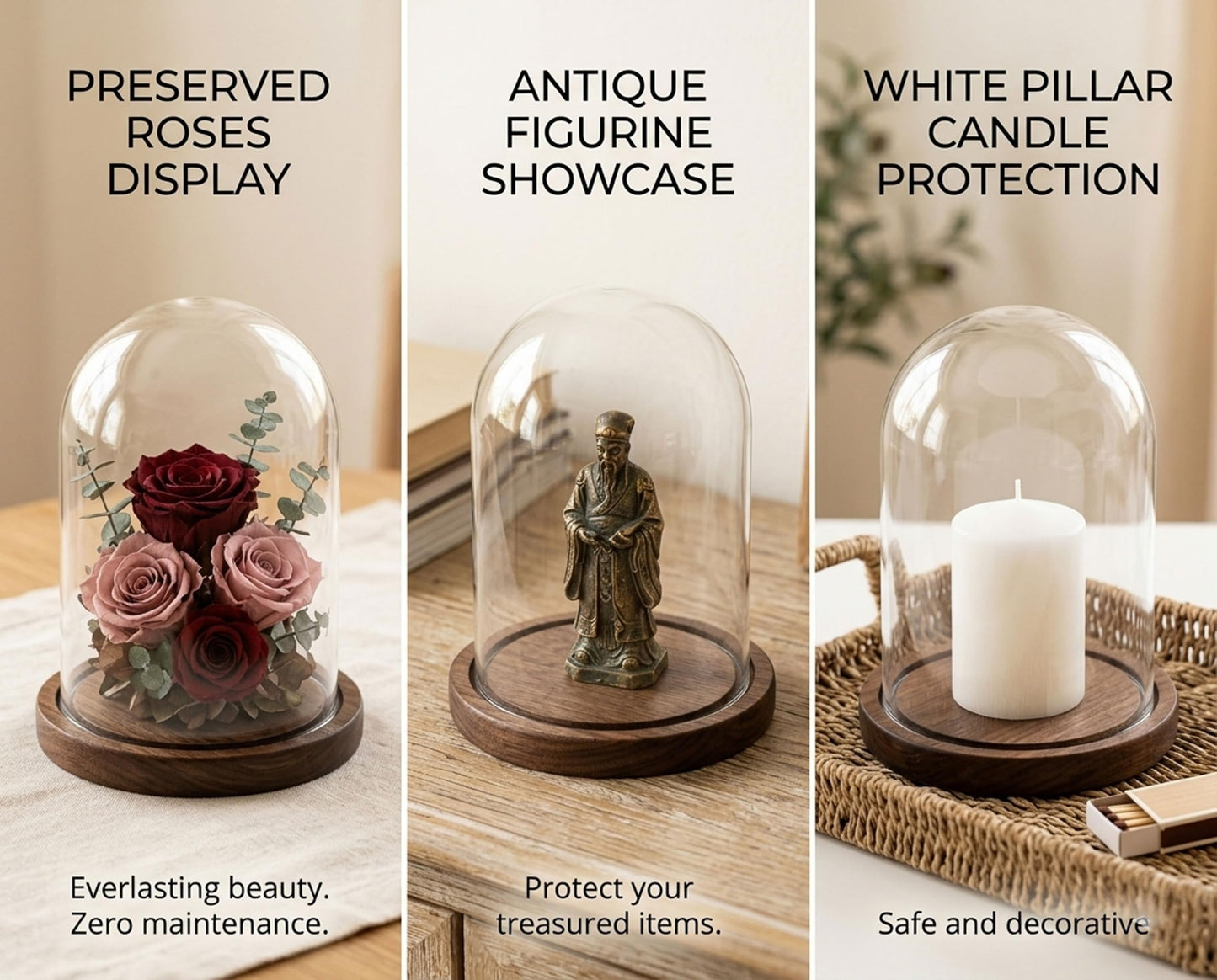 SAN3Kings Glass Cloche Bell Jar Display Dome with Brown Wooden Base, 6x7 Inch Clear Glass Display Case with Wood Stand for Home Decor, Plants, Succulents, Collectibles, Preserved Flowers, Centerpieces