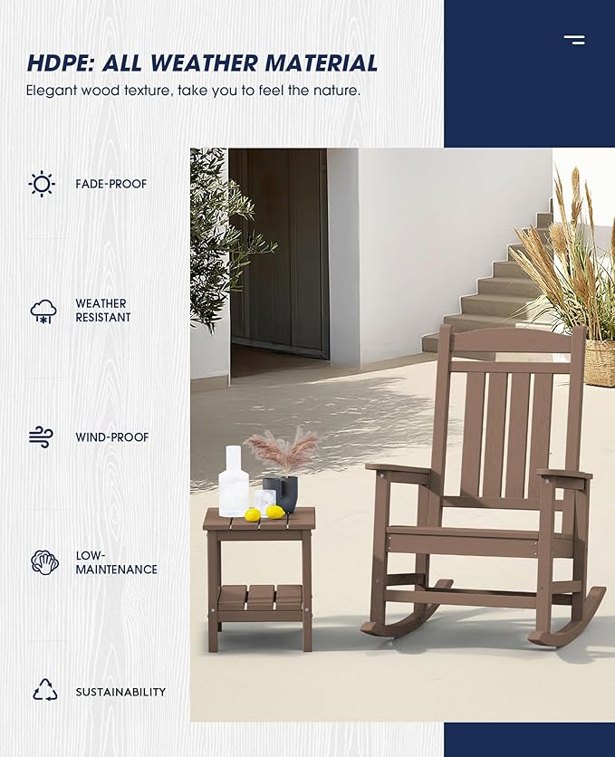 KINGYES HDPE Outdoor Rocking Chair Set of 4, Widened Seat Patio Rocking Chair, Oversized All Weather Patio Rocker, Brown