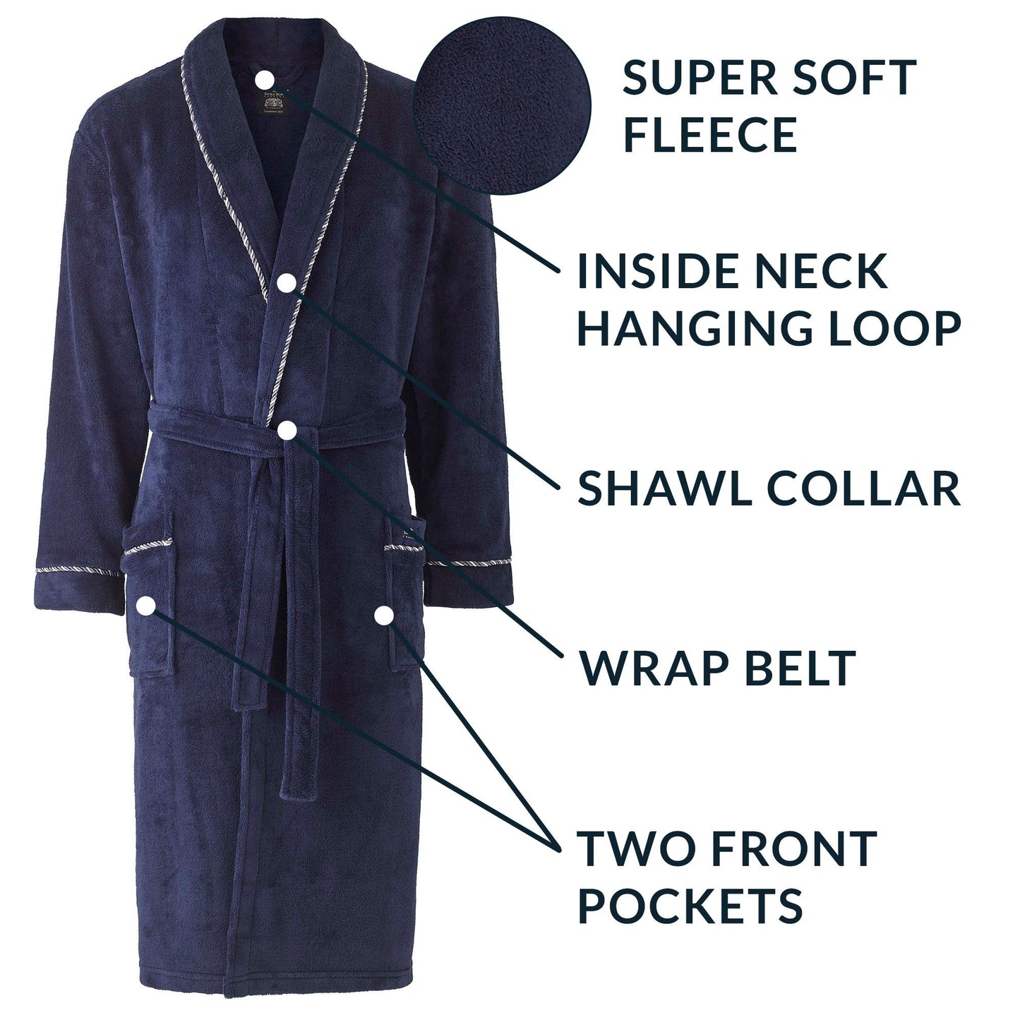 THE SAVILE ROW COMPANY LONDON Men's Lightweight Super Soft Warm Fleece Bath Robe Dressing Gown - Navy Rope Edge Plain - Large