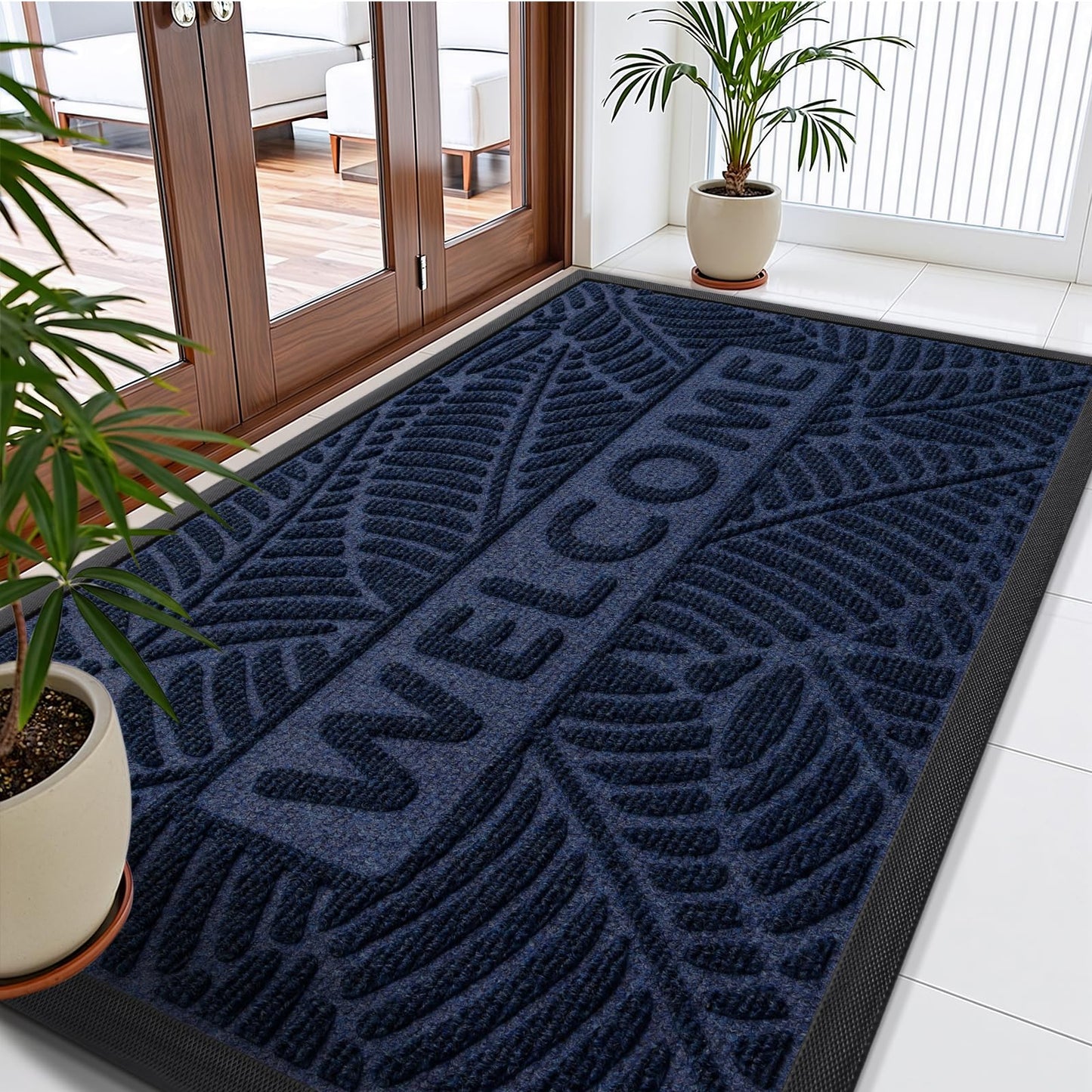 Smiry Welcome Mat Indoor Outdoor, All-Season Waterproof Front Door Mat, Sturdy Natural Rubber Doormat, Non-Slip, Easy Clean, Low Profile Dirt Trapper for Porch Patio Entrance, 71x47, Navy