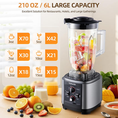TERUISI 210 Oz / 6 L Commercial Blender, Heavy Duty Industrial Blender with Adjustable Speed & Timer Function, 2200W Countertop Blender with 23000RPM for Ice Crushing, Frozen Drinks, Milkshakes, Puree