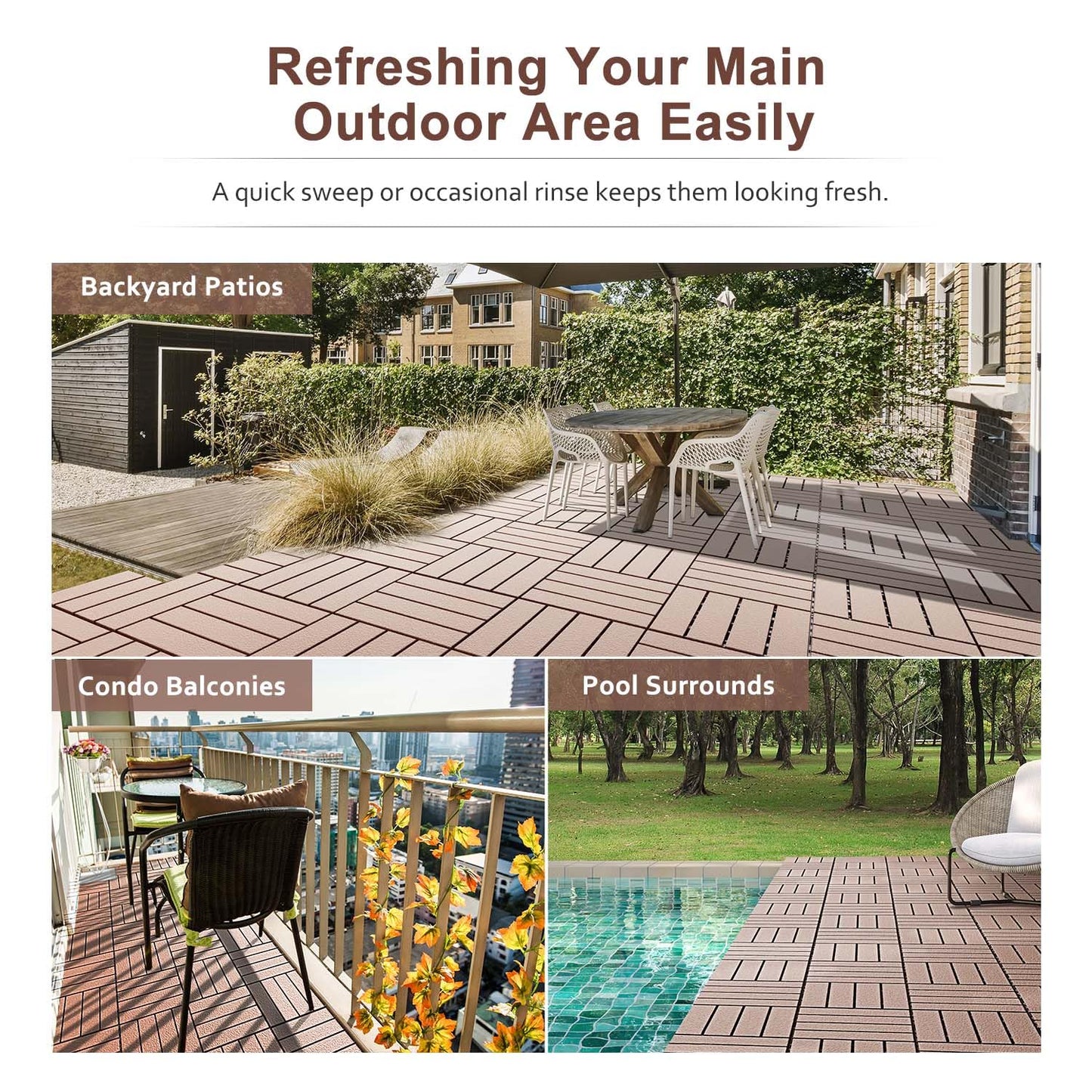 EchoDeck Interlocking Deck Tiles,54 Pack Deck Tiles Interlocking Outdoor All Weather,Patio Deck Tiles,12"x12",Woodgrain,Sturdy Base,Highly Durable,Stylish,Non-Slip,Faster-Drying,Efficient,Brown