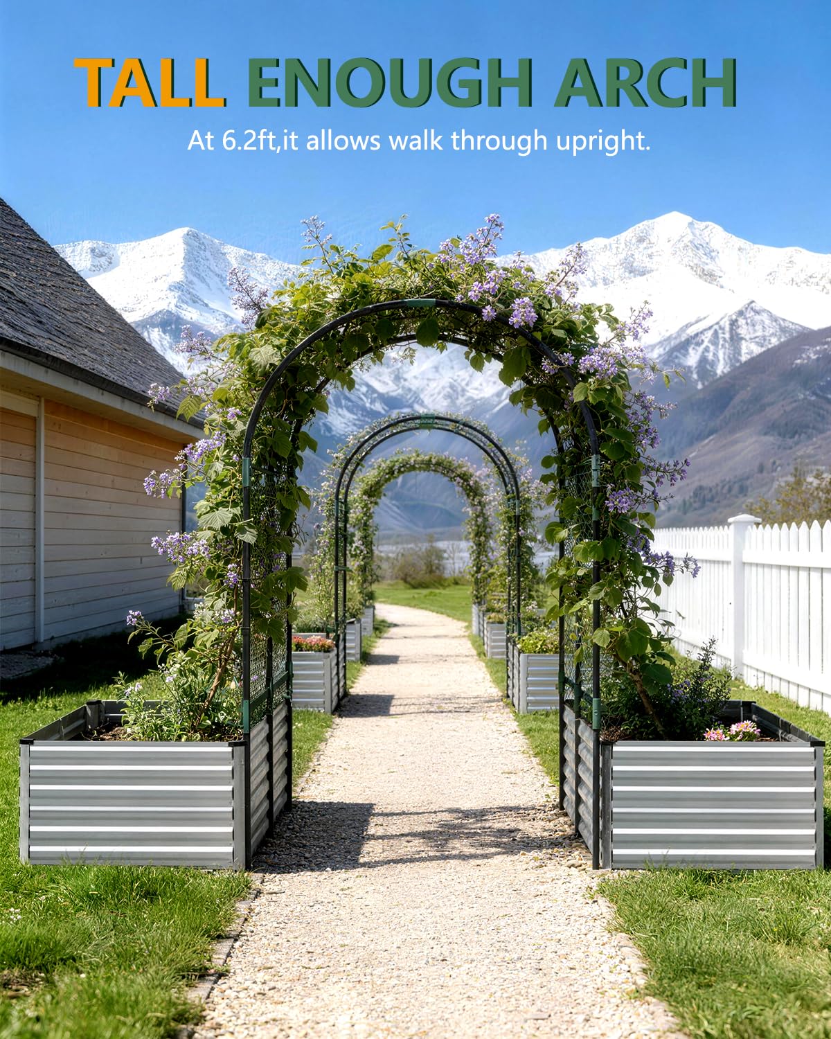 FOOWIN Raised Garden Bed with Arch Trellis for Climbing Plants,Galvanized Raised Garden Bed,Planter Boxes Outdoor for Vegetables Flowers Herb,478 Gallon Capacity Silver