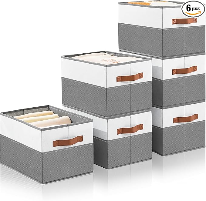 6 Pack Large Storage Bins with Handle, Collapsible Storage Basket