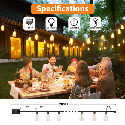 Brightever 200FT Outdoor String Lights with Remote, 2700K/4000K/5000K Selectable LED String Lights for Outside with 100+4 ST38 Edison Bulbs, 3 Modes Dimmable Patio Lights Waterproof for Camping, Deck