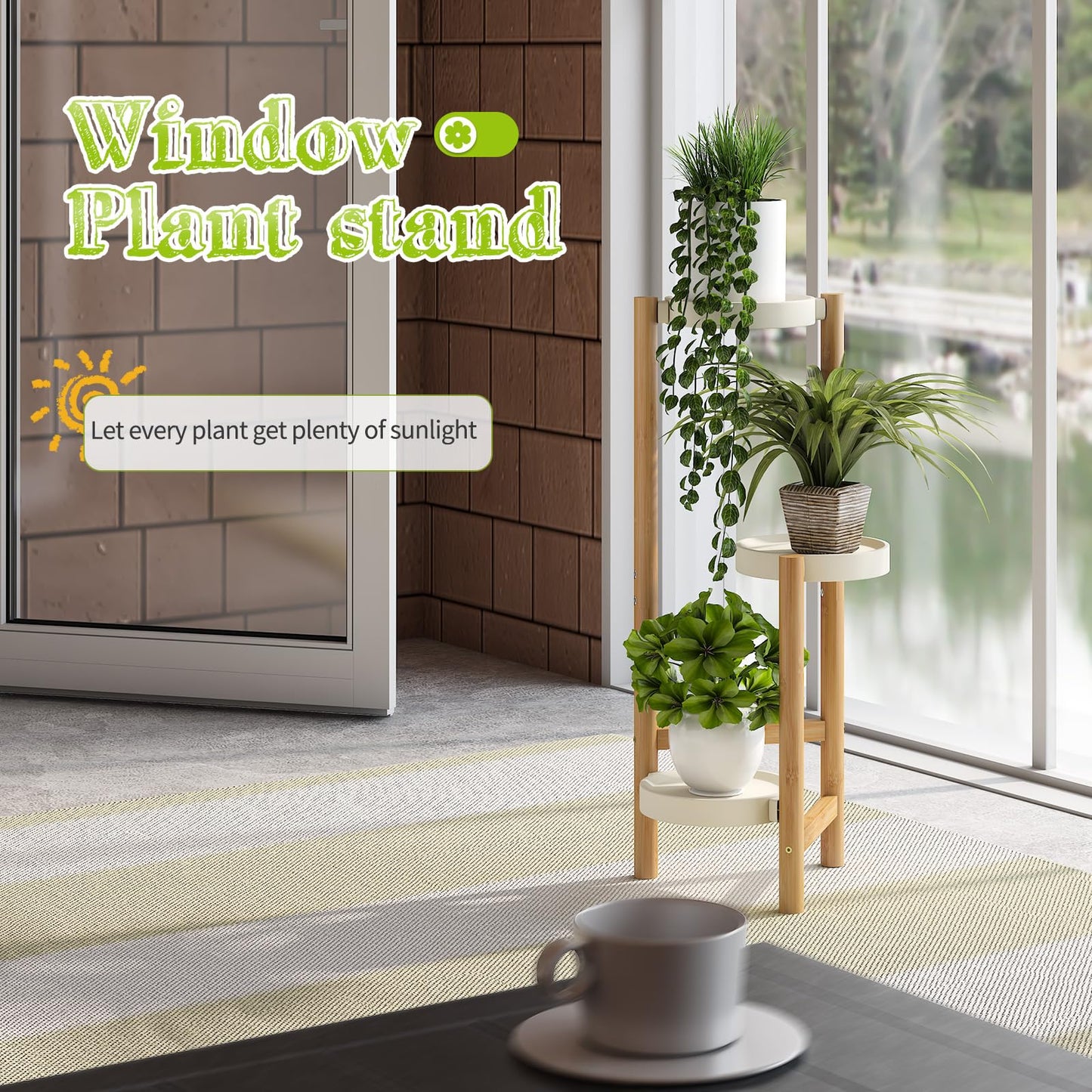 BMOSU Plant Stand For Indoor Outdoor Bamboo 3 Potted Holder Shelf Plant Rack Plants Corner Plant Shelf Plant Display Rack(White)