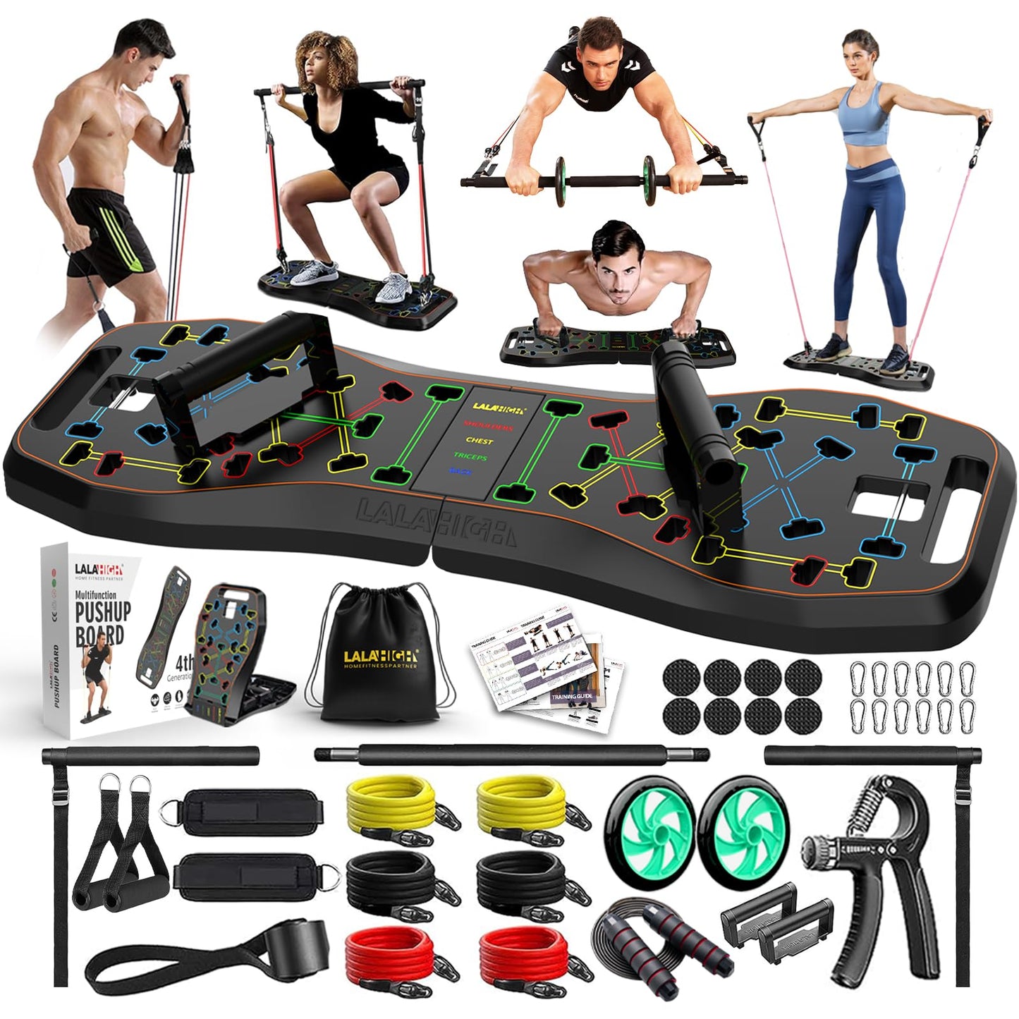 LALAHIGH Portable Home Gym System: Large Compact Push Up Board, Pilates Bar & 20 Fitness Accessories with Resistance Bands Ab Roller Wheel - Full Body Workout for Men and Women, Gift for Boyfriend