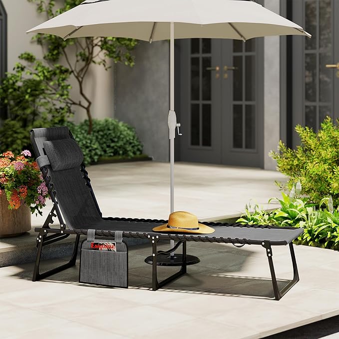 Outsunny Chaise Lounge Chair Outdoor, 5-Position Adjustable Sun Tanning Chair with Carrying Handle and Side Pocket, Folding Bed Cot with Removable Pillow for Garden, Beach, Patio, Pool, Camp, Gray