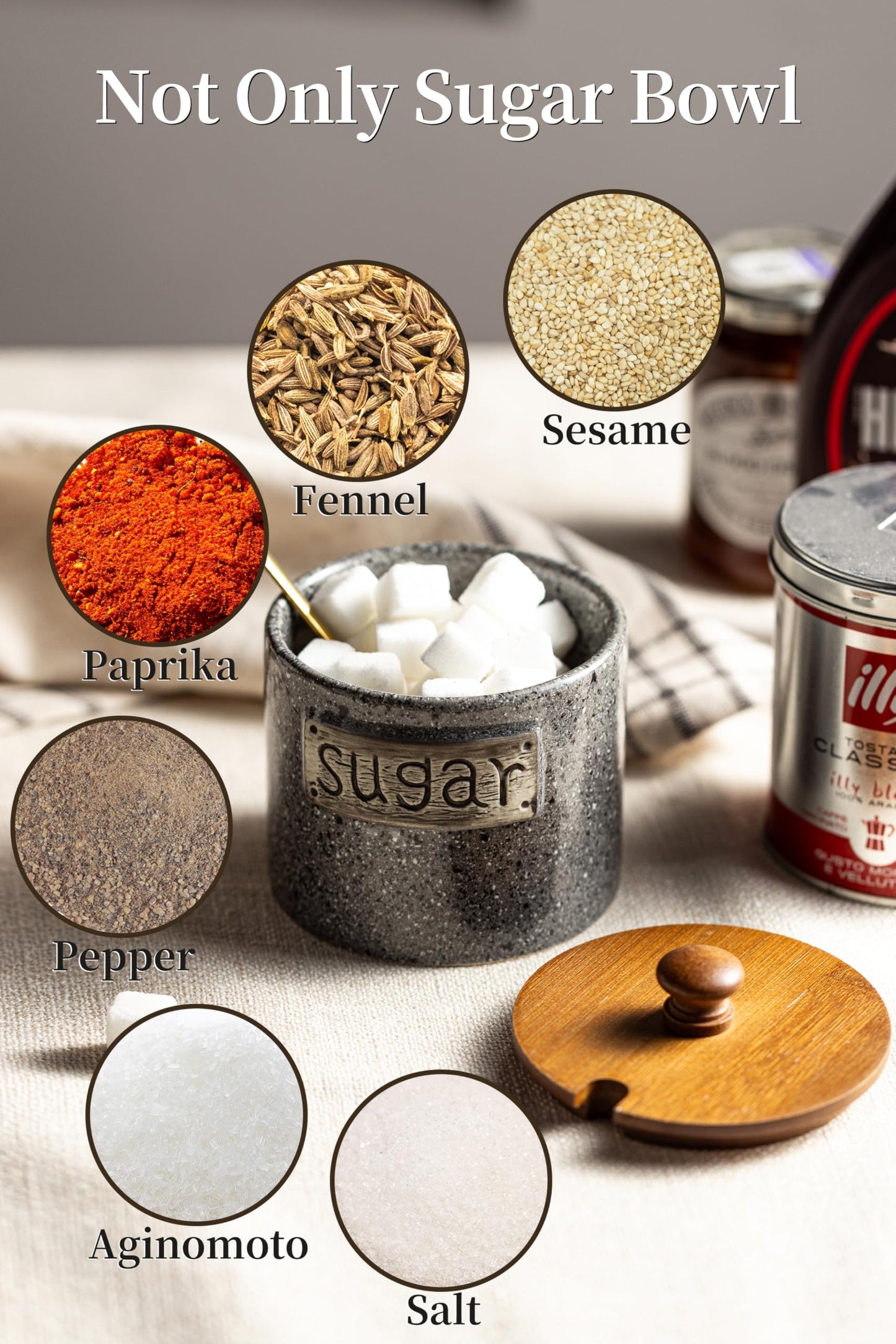 Sugar Container, Sugar Holder, Sugar Bowl with Lid and Spoon, Sugar Jar Porcelain Salt Bowl with Wood Lid and Stainless Steel Spoon, Ceramic Sugar Bowl 15oz Coffee Canister Kitchen Decor, Grey