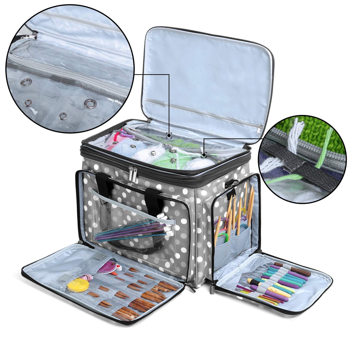 Luxja Knitting Bag - Yarn Storage Organiser for Carrying Projects, Grey Dots