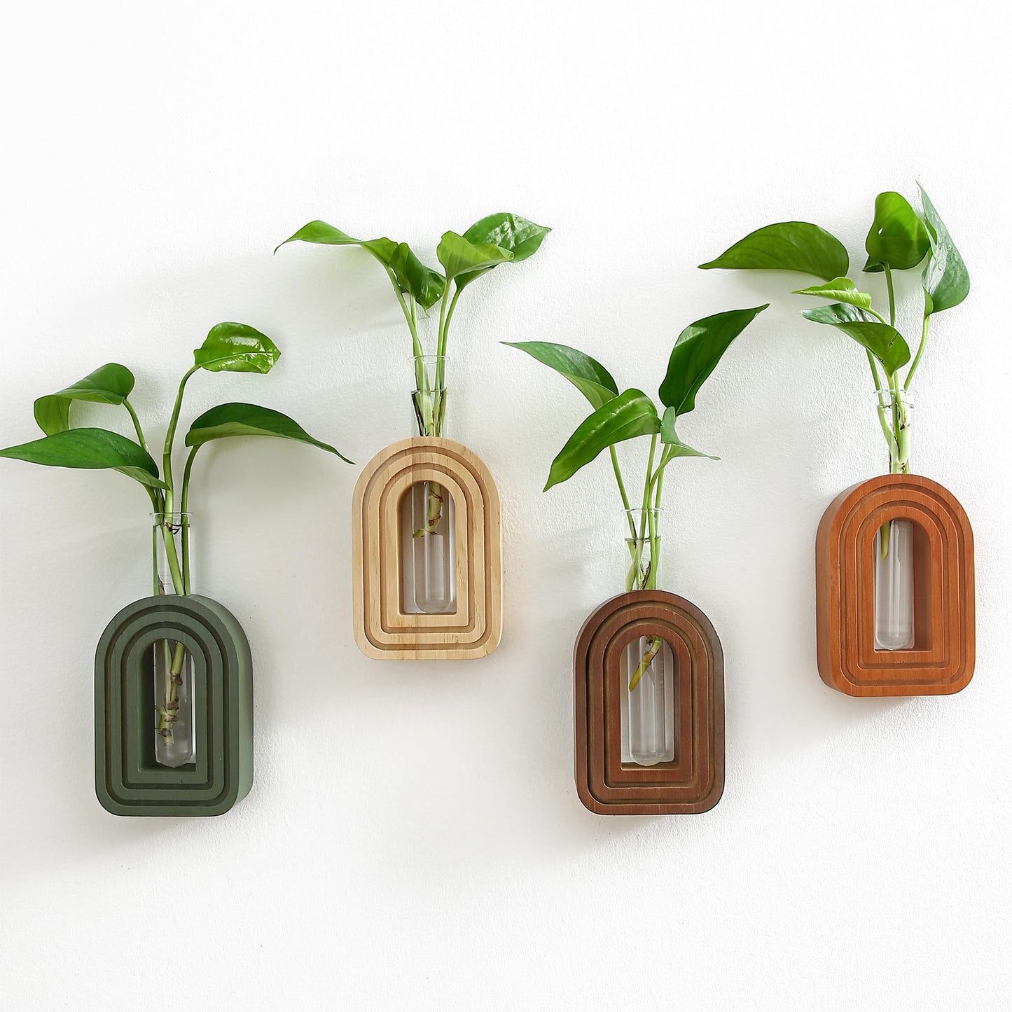 GRID FORTE Wood Wall Arched Propagation Vases (Set of 4), Hanging Plant and Flower Vases, Home Decor Boho Wall Decoration for Living Room Bedroom