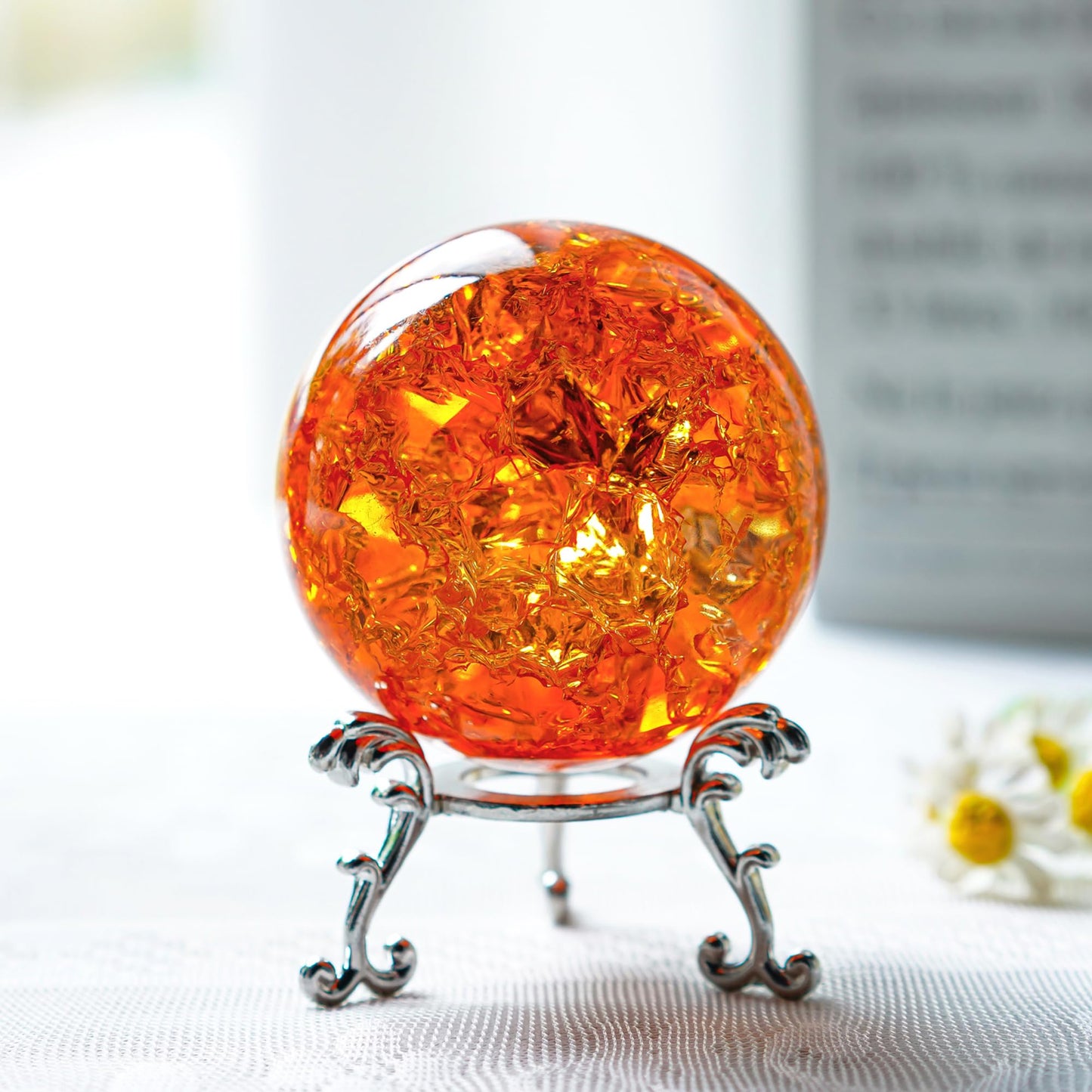 kanpura 2.3inch Amber Ice Cracked Ball Crystal Ball Fengshui Paperweight Glass Ball for Christmas Home Fish Tank Accessories Rockery Decor
