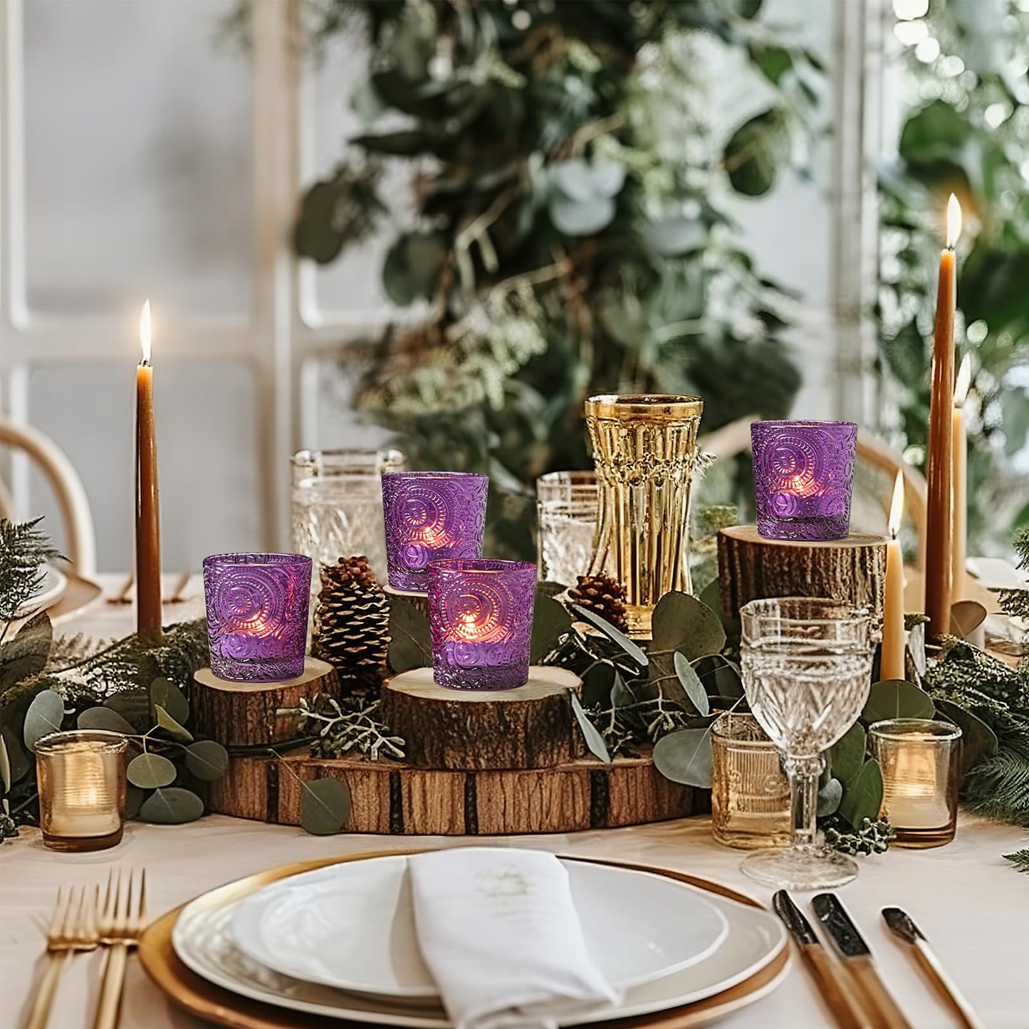 12 Pack Sun Moon Star Embossed Glass Tea Light Candle Holders - Votive Candle Holders for Wedding, Party, Home Decor, and Table Centerpieces (Amethyst Purple)