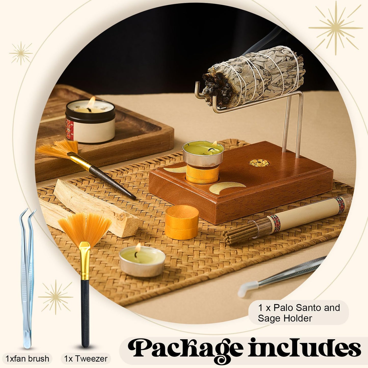 DoubleFill 4 in 1 Palo Santo and Sage Holder, Incense Sticks and Candle Holder with 4 Wooden Cylindrical Bases, Natural Wood Burner Bowl for Yoga Meditation Spirituality Enthusiasts Thanksgiving Gift