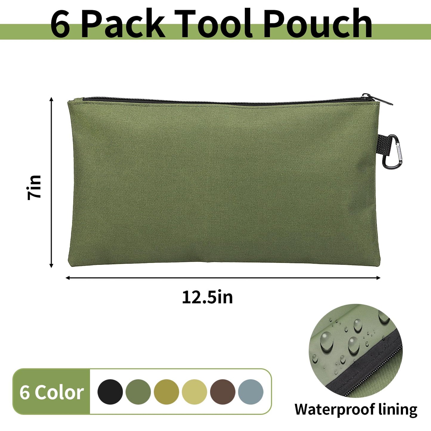 COIDEA Tool Bag Zipper Pouch, Premium Tool Pouch, Utility Multipurpose Storage Organizer Tool Pouches with Carabiner Metal Zipper for Tools (6 Pack, Tan, Navy Green, Black, Light Brown, Grey, Mocha)
