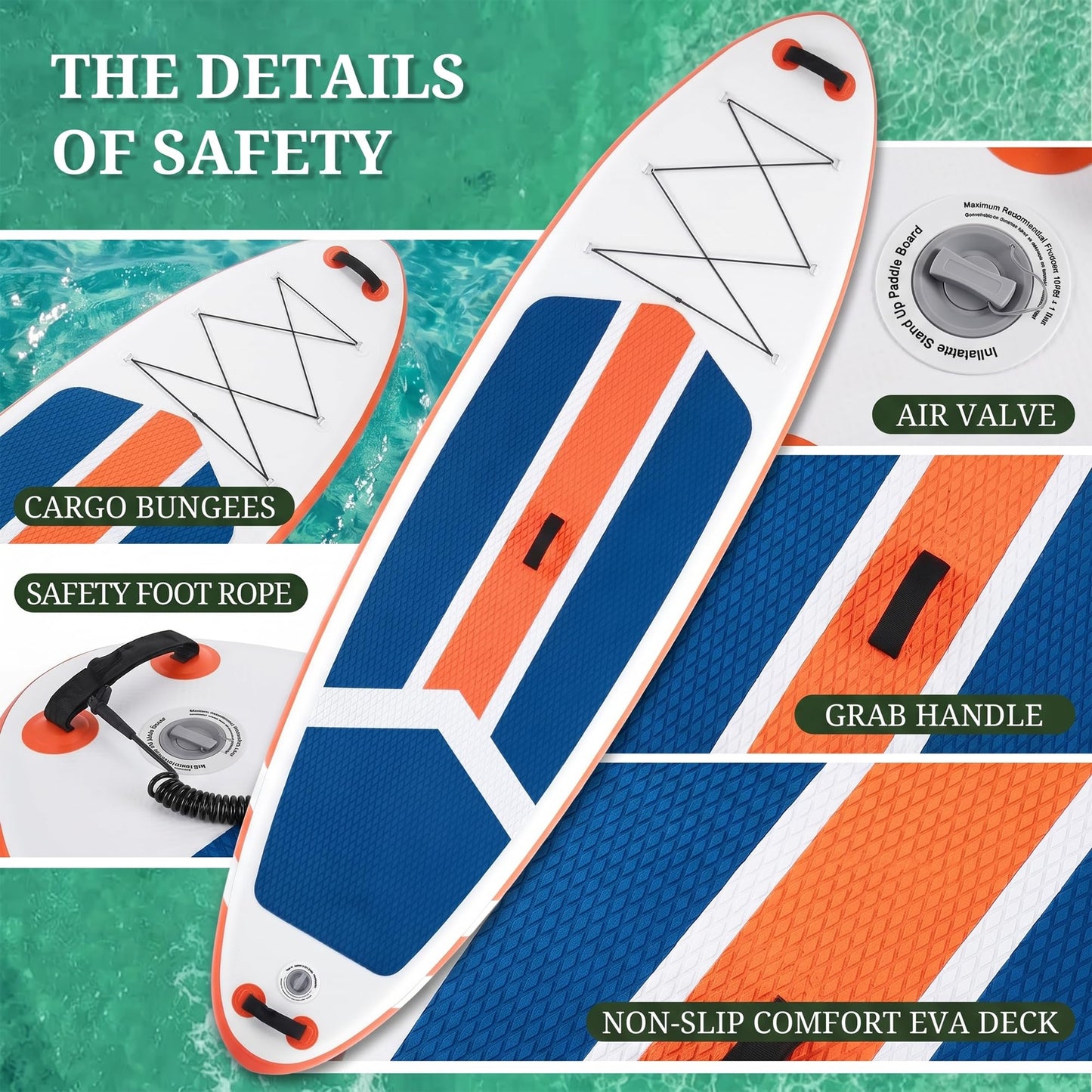 Inflatable Stand Up Paddle Board, 10.5' x 33" x 6" Wide Stable SUP Board with Non-Slip Deck, Heavy Duty Paddle Boards with Complete SUP Kit for Adults & Youths, Blue & Orange