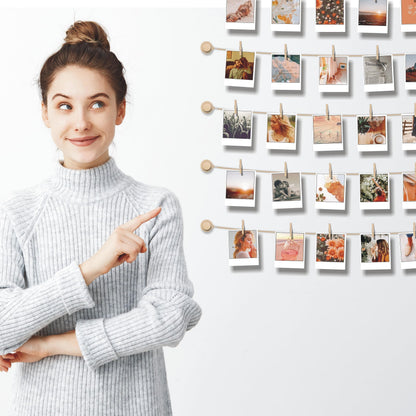 BIZYAC Hanging Photo Display Room Wall Decor - Sculptural Picture Frames Collage - 5 Strings with 30 Clips - 3M Self Adhesive Hooks - No Holes Drilling - 30 x 30 inch