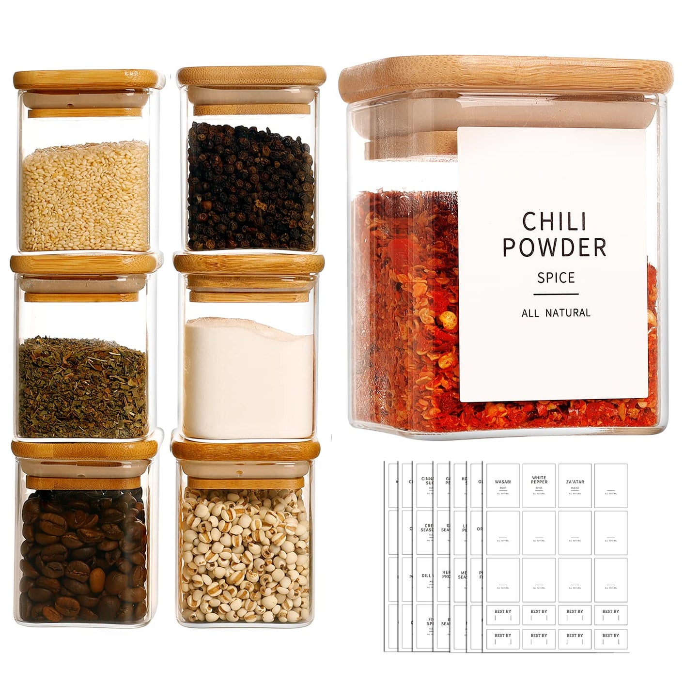 Glass Spice Jars with Bamboo Lids - 20 Pcs Thicken(2.4mm) 4oz Airtight Seasoning Containers with 131 Waterproof Minimalist Spice labels Preprinted - Small herb Jars for Pantry Organization and Storage