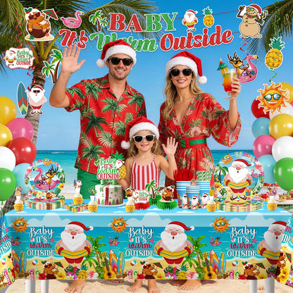 Christmas in July Decorations, Baby It's Warm Outside Party Decor - 196PCS All-in-One Set, Serves 25, Tableware Kit with Banner, Backdrop, Tablecloth, Balloons & Cupcake Toppers