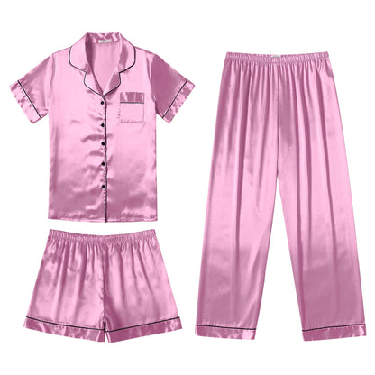 Ekouaer Silk Pajamas for Women Set Satin Pjs Soft Short Sleeve Button Down Sleepwear 3 Piece Loungewear S-XXL
