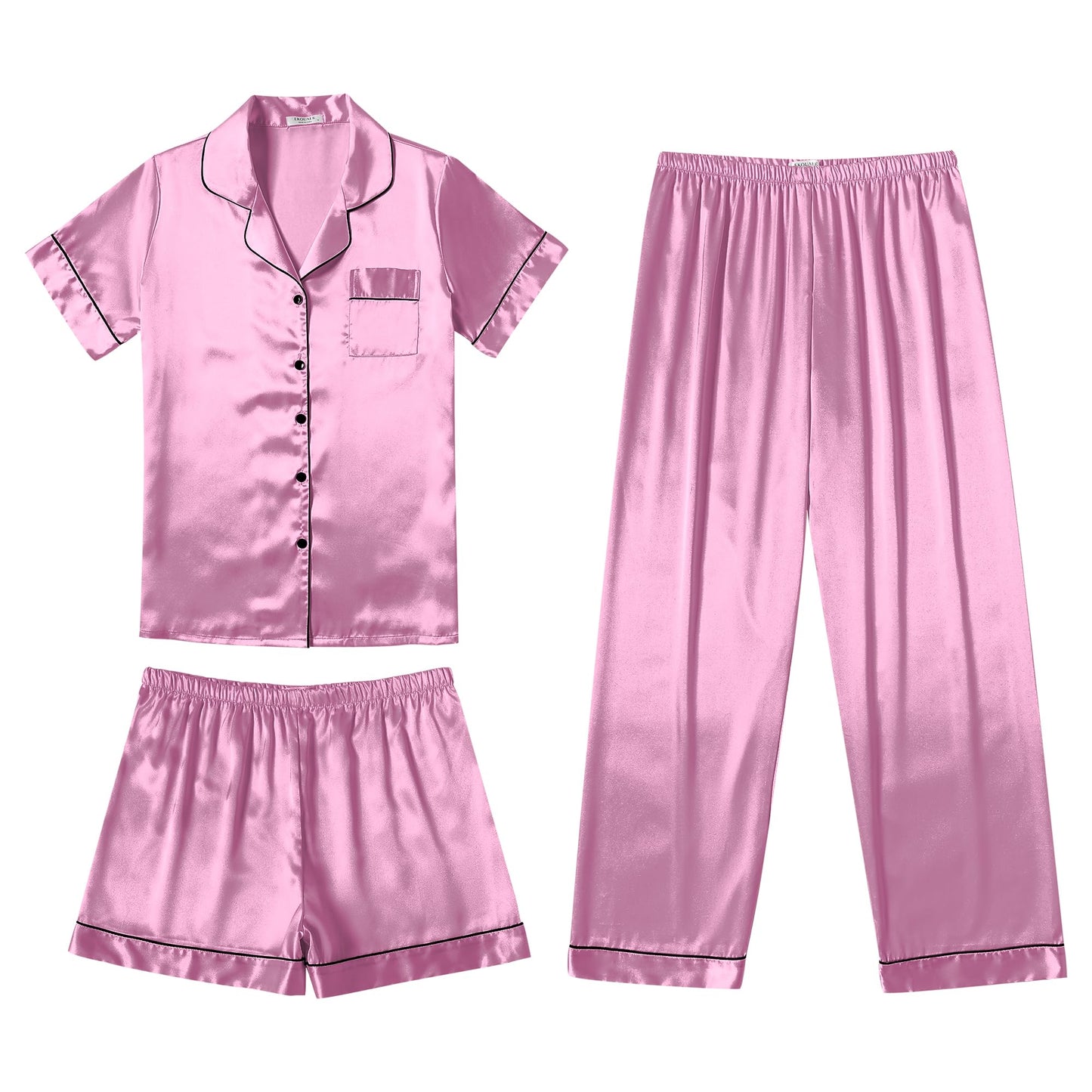 Ekouaer Silk Pajamas for Women Set Satin Pjs Soft Short Sleeve Button Down Sleepwear 3 Piece Loungewear S-XXL