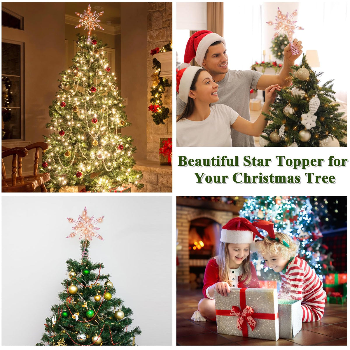 Sonwyoung Large Christmas Star Tree Topper with 20 LED Lights, Glitter Star Tree Topper Sparkle Xmas Treetop Ornament for Christmas Trees Party Holiday Decorations(13 Inch,Pink)