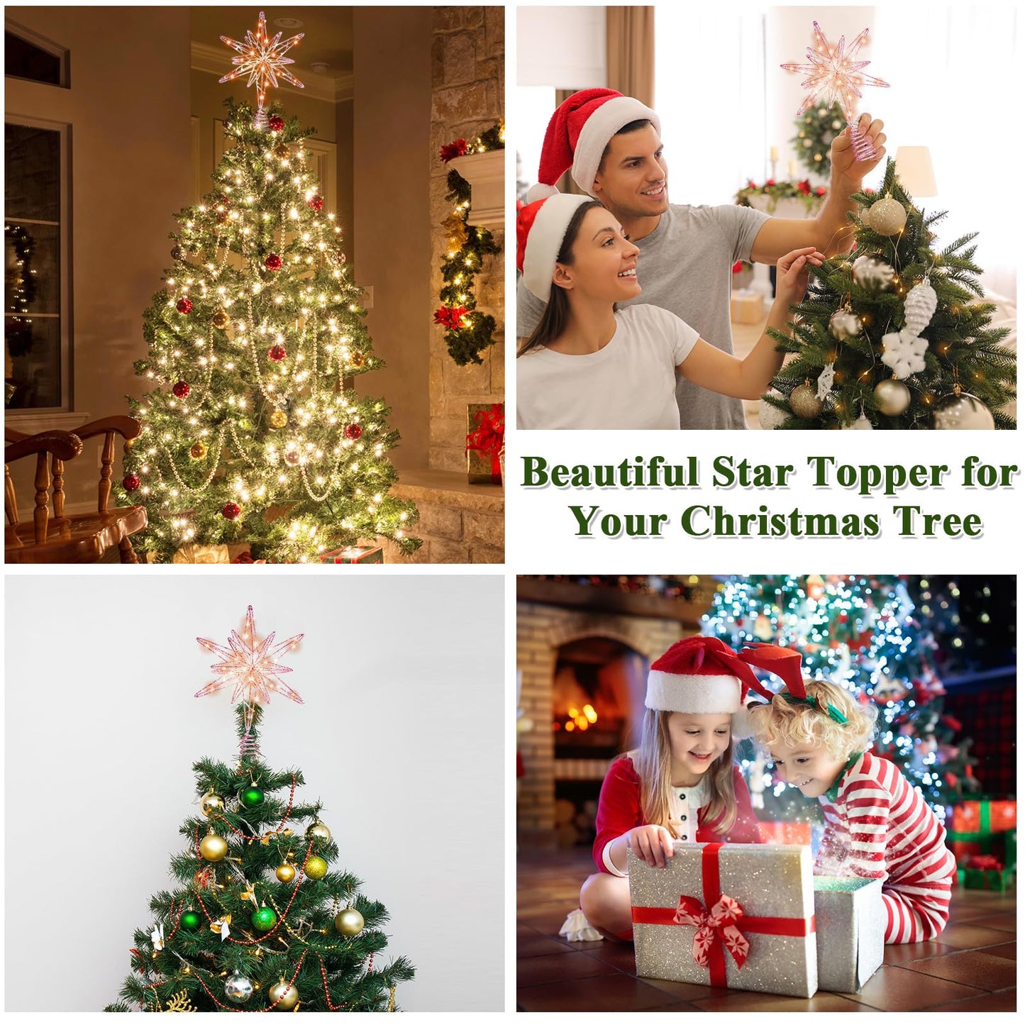 Sonwyoung Large Christmas Star Tree Topper with 20 LED Lights, Glitter Star Tree Topper Sparkle Xmas Treetop Ornament for Christmas Trees Party Holiday Decorations(13 Inch,Pink)