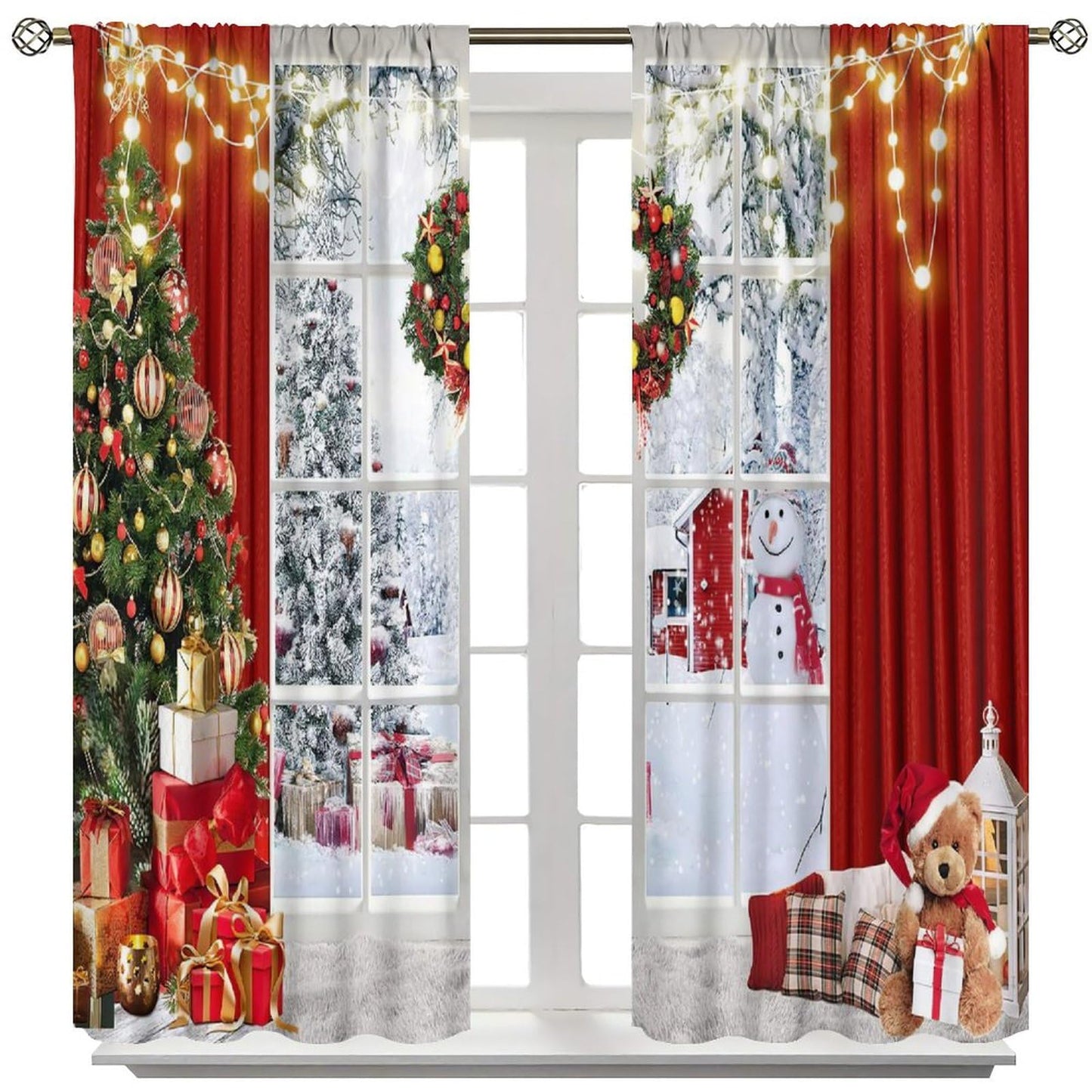 FengMingRui Merry Christmas Curtains Winter Festival Snowman Christmas Tree New Year Christmas Window Treatment Bedroom Living Room Decoration Blackout Decor Window Drapes 52" W X 84" L