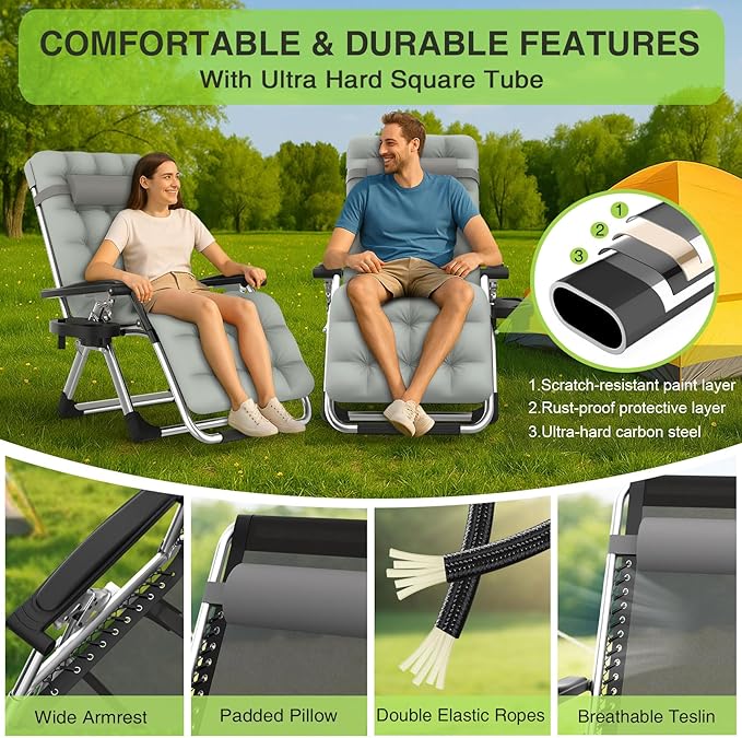 Suteck Zero Gravity Chair Set of 2, Reclining Camping Lounge Chair w/Removable Cushion, Upgraded Lock and Cup Holder, Reclining Patio Chairs Folding Recliner for Indoor and Outdoor